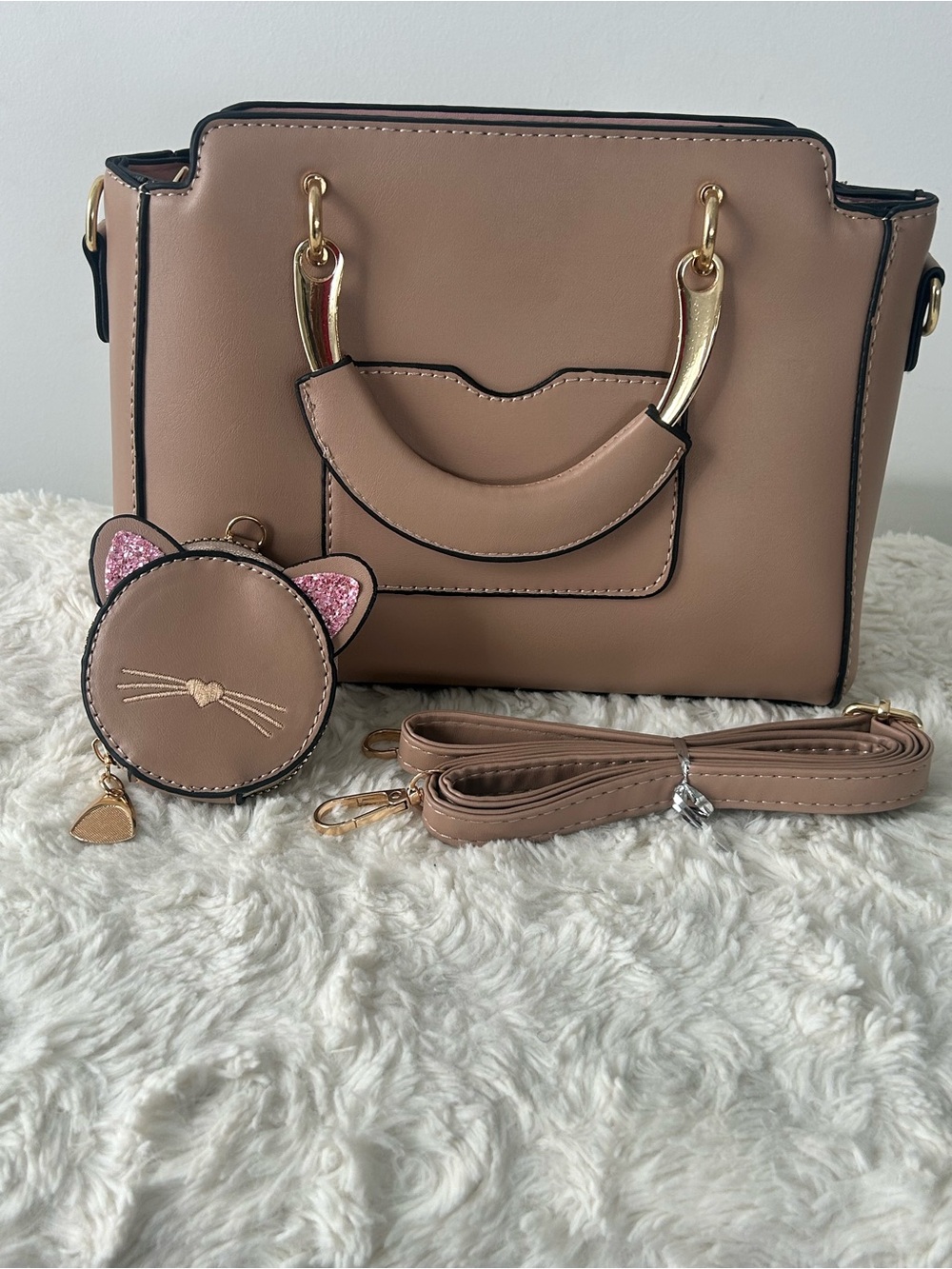 Women’s Taupe Top-Handle Satchel with Cat Coin Pouch